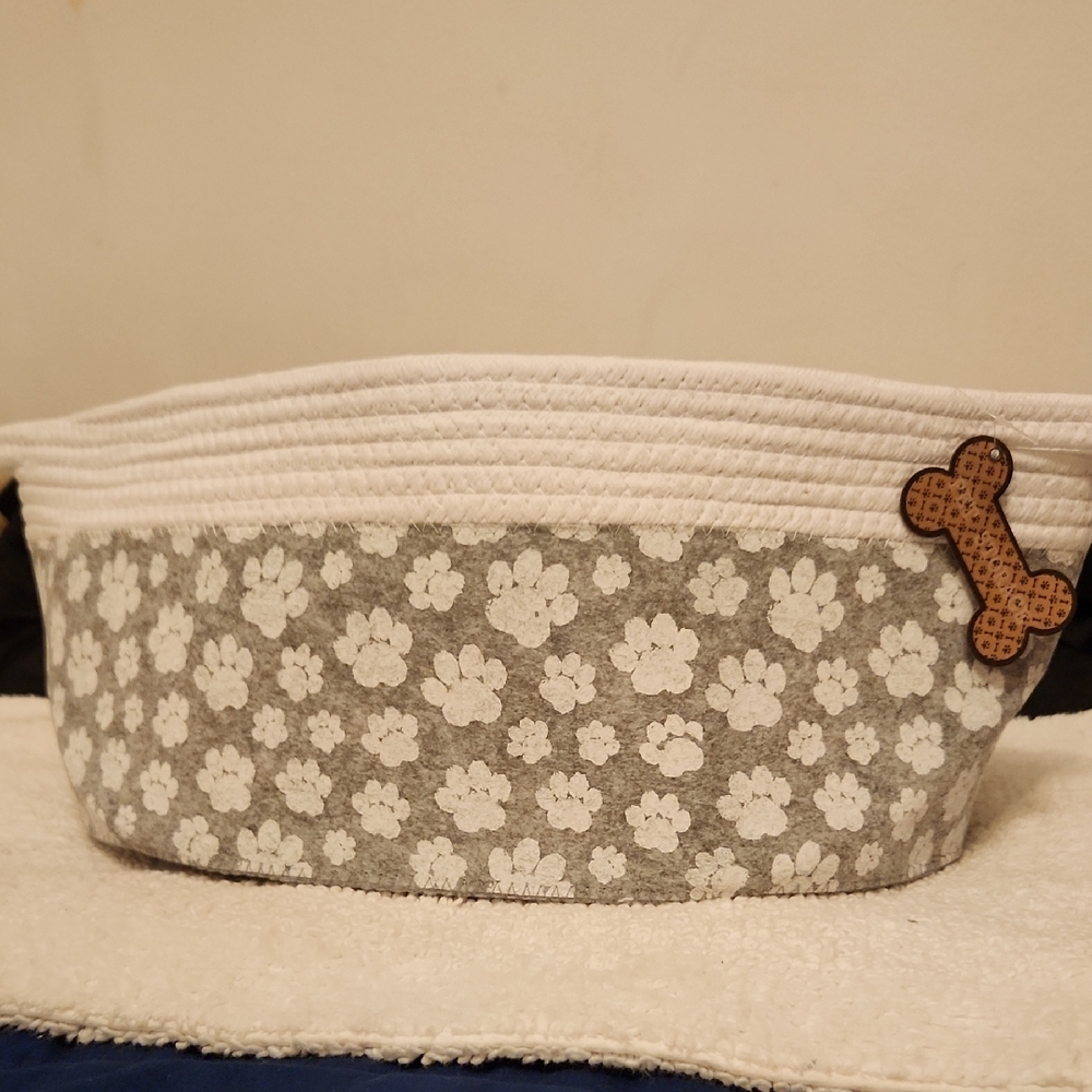 Gray and White Paw Print Pet Toy Basket with handles
